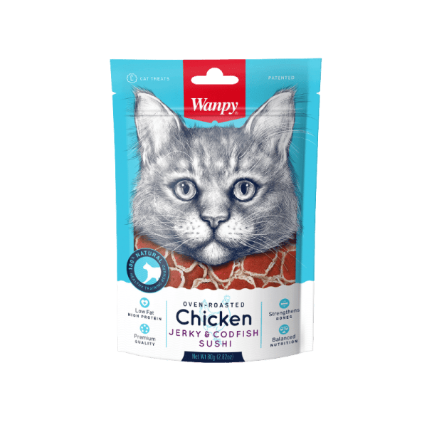 <strong>Wanpy</strong> Cat, Chicken Jerky and Codfish Sushi, Snack para Gatos, Sushi de Pollo y Bacalao, bolsa de 80 gr