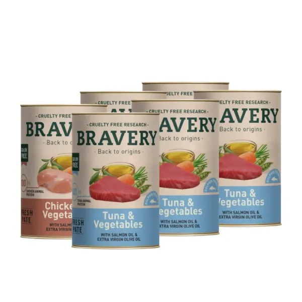 <strong>Pack: Bravery</strong>, Variedades Alimento Húmedo para Perros, Atun Pollo & Vegetales, 6 latas de 290 gr