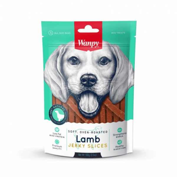 <strong>Wanpy</strong> Lamb Jerky Slices, Snack para Perros, Charqui Suave de Cordero en Tiritas, bolsa de 100 gr