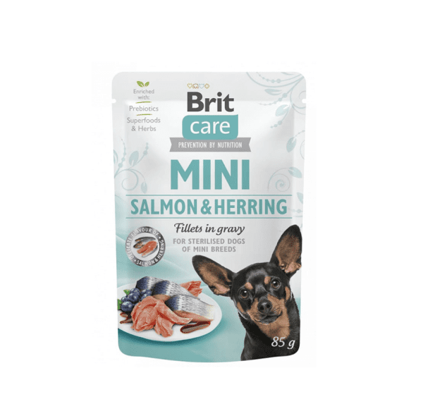 <strong>Brit Care</strong> Mini Salmon & Herring, Alimento Húmedo para Perros, Raza Mini/Pequeña, Salmón y Arenque (Pescado Blanco) en Salsa, 85 gr, en bolsa