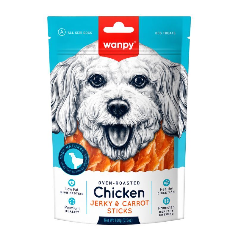 <strong>Wanpy</strong> Chicken Jerky & Carrot Sticks, Snack para Perros, Trenza de Charqui Pollo y Zanahoria , bolsa de 100 grs