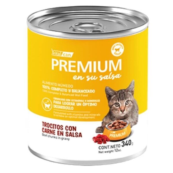 <strong>Vitalcan Premium</strong> en su Salsa, Alimento Húmedo para Gatitos, Trocitos de Carne en Salsa, lata de 340 gr