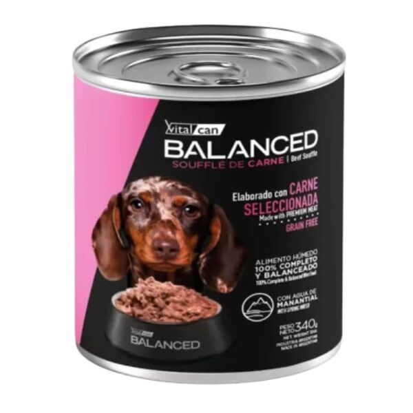 <strong>Vitalcan Balanced</strong> Soufflé de Carne, Alimento Húmedo para Cachorro, lata de 340 gr