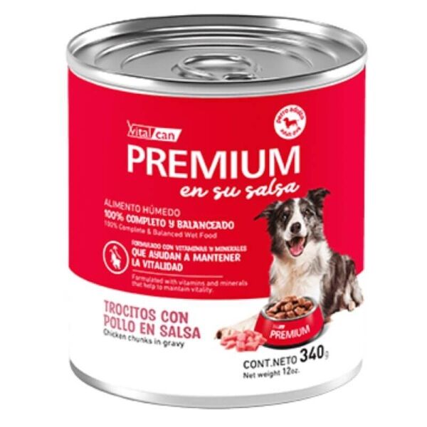 <strong>Vitalcan Premium</strong> en su Salsa, Alimento Húmedo para Perro Adulto, Sabor a Trocitos con Pollo en Salsa, lata de 340 gr