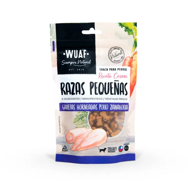 <strong>Wuaf</strong> Receta Casera Razas Pequeñas, Snack para Perros, Galletitas en Forma de Hueso, Pollo Zanahoria, bolsa de 85 gr