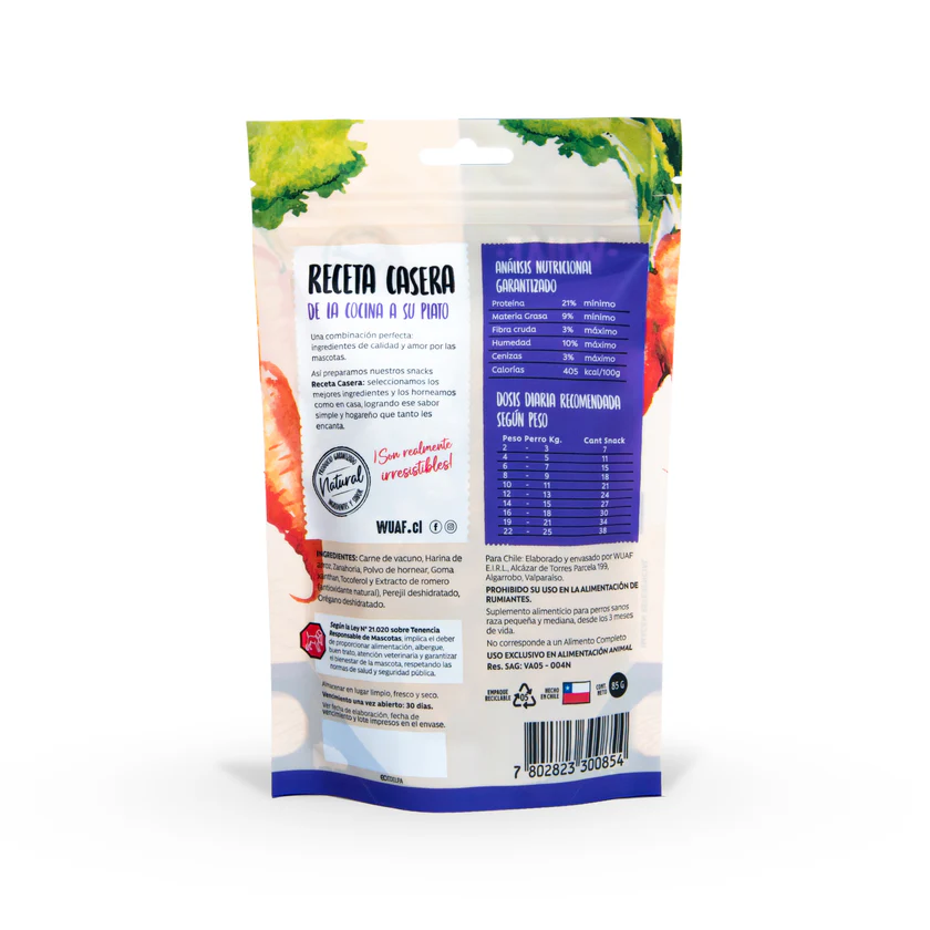 <strong>Wuaf</strong> Receta Casera Razas Pequeñas, Snack para Perros, Galletitas en Forma de Hueso, Carne Zanahoria, bolsa de 85 gr - Imagen 2