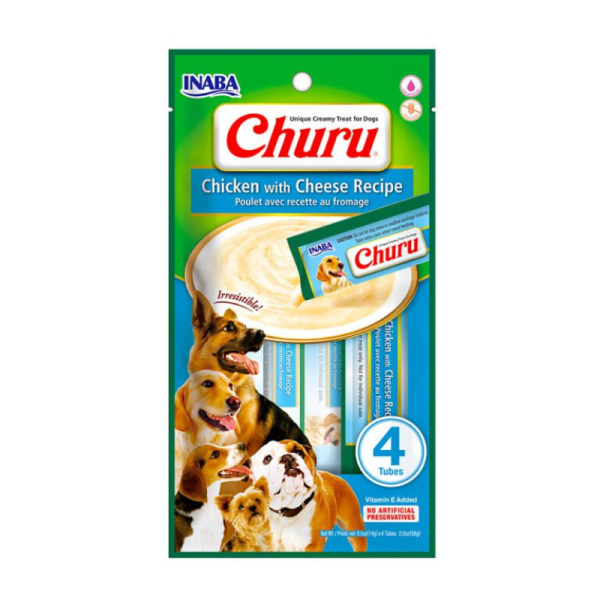 <strong>Inaba</strong> Churu Dog, Snack Húmedo para Perros, Pollo con Queso, 4 tubos exprimibles, bolsa de 56 gr