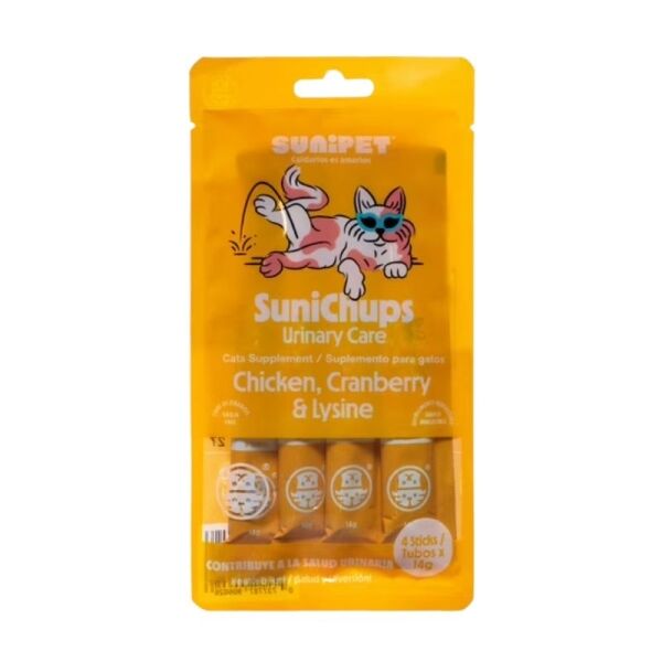 <strong>SuniChups</strong> Urinary Care, Snack Húmedo para Gatos, Pollo, Arándano y Lisina, 4 sachet de 14 gr