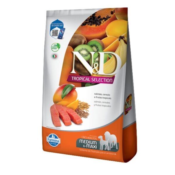 <strong>N&D</strong> Tropical Selection Adult Medium & Maxi, Alimento Seco para Perros Adultos, Raza Mediana y Grande, Salmón, Cereales y Frutas Tropicales, bolsa de 2.5 kg