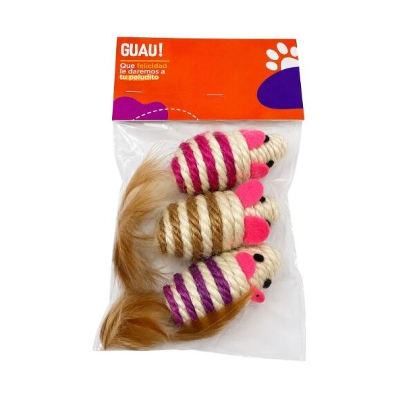 <strong>Guau!</strong> Pack de Ratones de Sisal con Plumas Juguete para Gatos, 7 cm, Color sujeto a disponibilidad - Imagen 2
