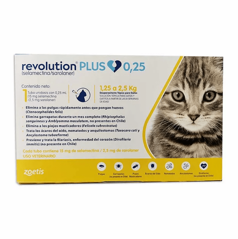 <strong>Revolution PLUS</strong> Solución Tópica, Antiparasitario Interno y Externo para Gatos, 1.25-2.5 kg, 1 pipeta de 0.25 ml (dosis mensual)
