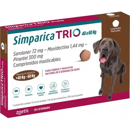 <strong>Simparica TRIO</strong> Antiparasitario Interno y Externo para Perros, 40-60 kg, 1-3 comprimidos masticables (dosis mensuales)