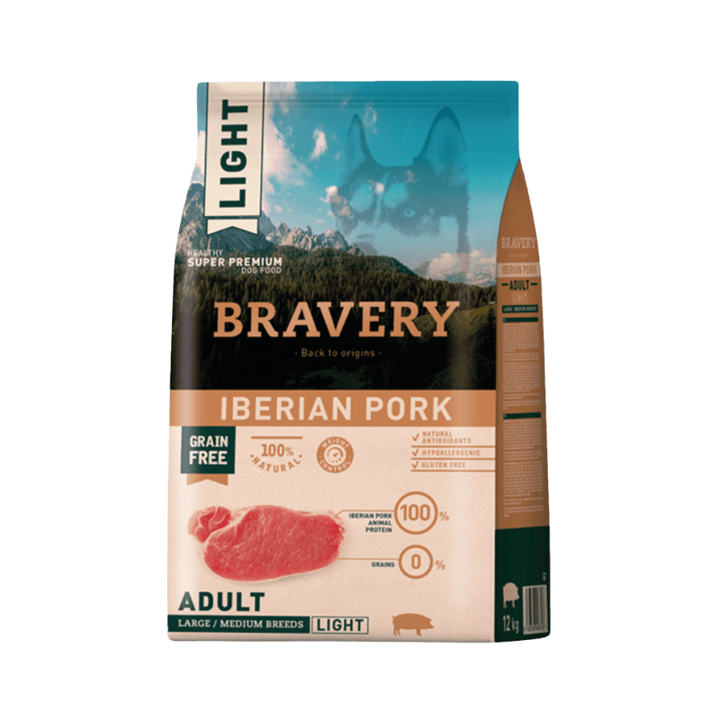 <strong>Bravery</strong> Light Alimento Seco para Perros, Adulto, Raza Mediana/Grande, Cerdo Ibérico Light, bolsa de 4 -12 kg
