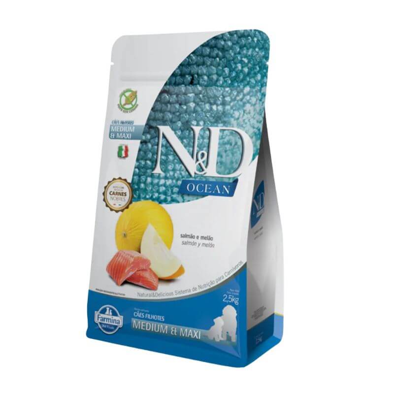 <strong>N&D</strong> Ocean Puppy Medium & Maxi Breed, Alimento Seco para Cachorros, Raza Mediana y Grande, Salmón y Melón, bolsa de 2.5 kg