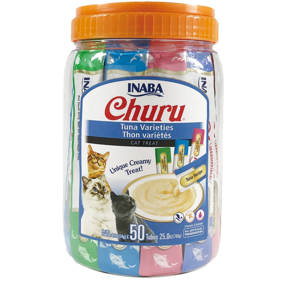 <strong>Inaba</strong> Churu Cat, Variedades Atún, Pollo Ostión y Salmón, Tarro de 50 unidades