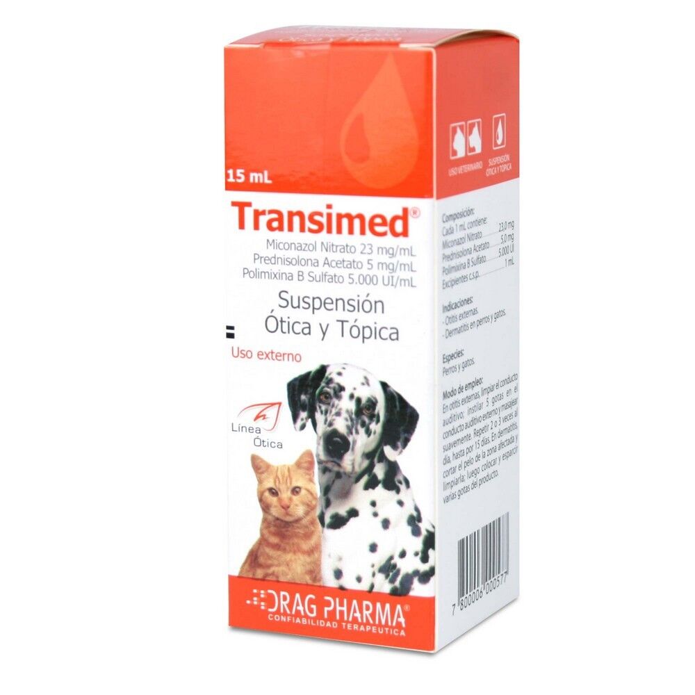 <strong>Transimed</strong> Solución Tópica y Ótica, Tratamiento Dermatitis y Otitis para Perros y Gatos, frasco de 15 ml