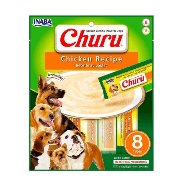 <strong>Inaba</strong> Churu Dog, Snack Húmedo para Perros, Pollo, 8 tubos exprimibles, bolsa de 160 gr