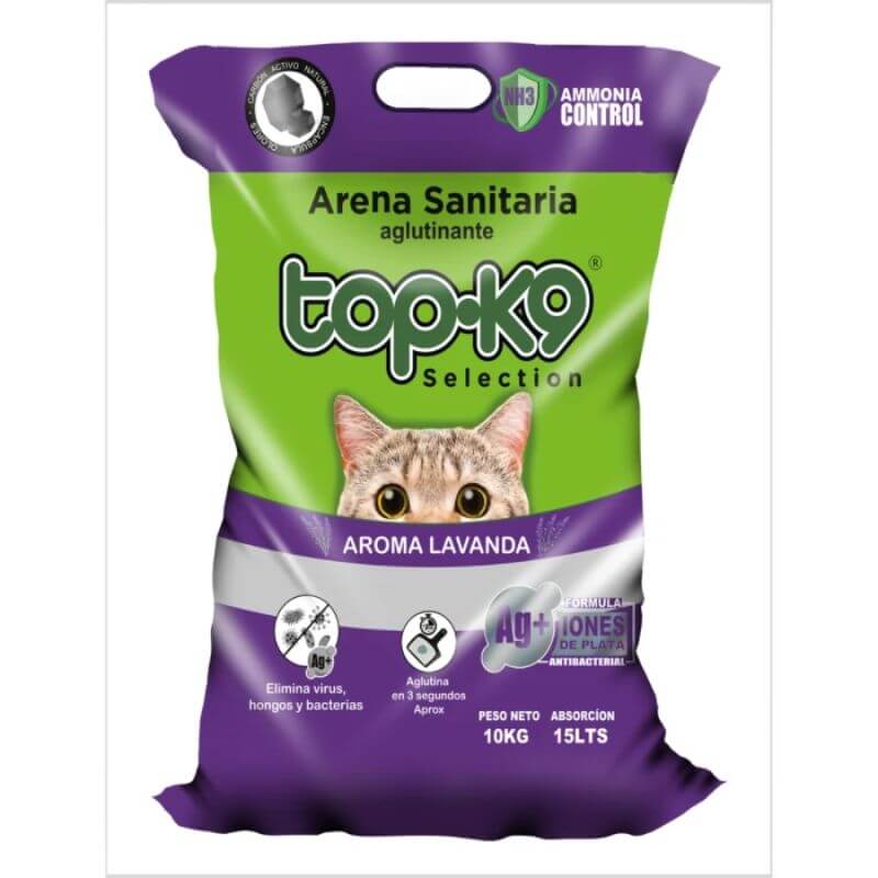 <strong>Top-K9</strong> Iones de Plata, Arena Sanitaria Aglutinante para Gatos, Aroma Lavanda, Bolsa de 10 kg