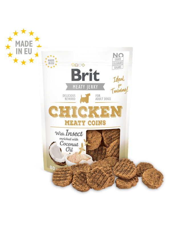 <strong>Brit</strong> Chicken Meaty Coins, Snack para Perros, Monedas de Pollo e Insecto, bolsa de 80 gr