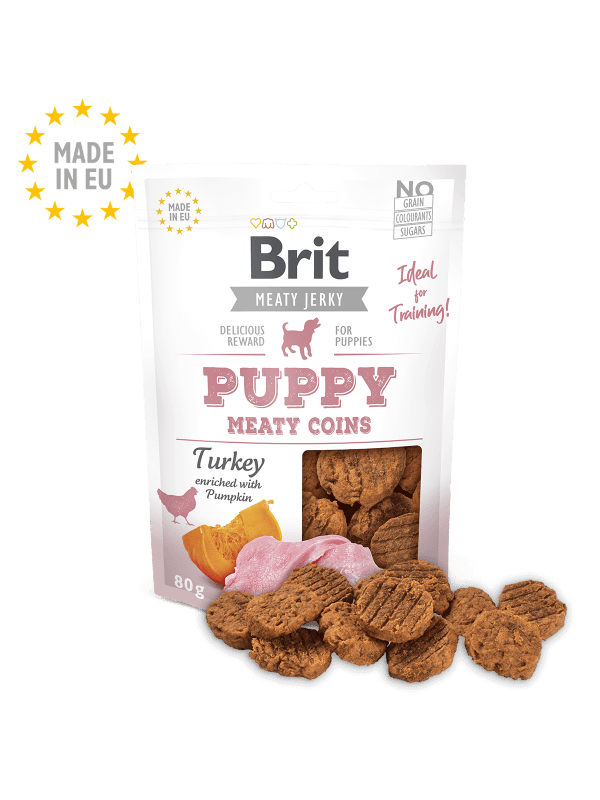 <strong>Brit</strong> Puppy Meaty Coins, Snack para Perros Cachorros, Monedas de Carne Pavo, bolsa de 80 gr