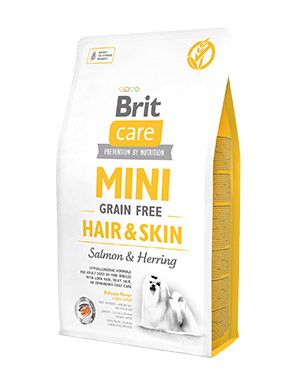 <strong>Brit Care</strong> Hair and Skin Alimento Seco para Perros Piel y Pelaje, Adulto, Raza Mini/Pequeña, Salmón y Arenque Libre de Granos, bolsa de 2-7 kg