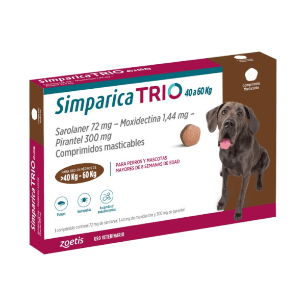 <strong>Simparica TRIO</strong> Antiparasitario Interno y Externo para Perros, 40-60 kg, 1-3 comprimidos masticables (dosis mensuales)