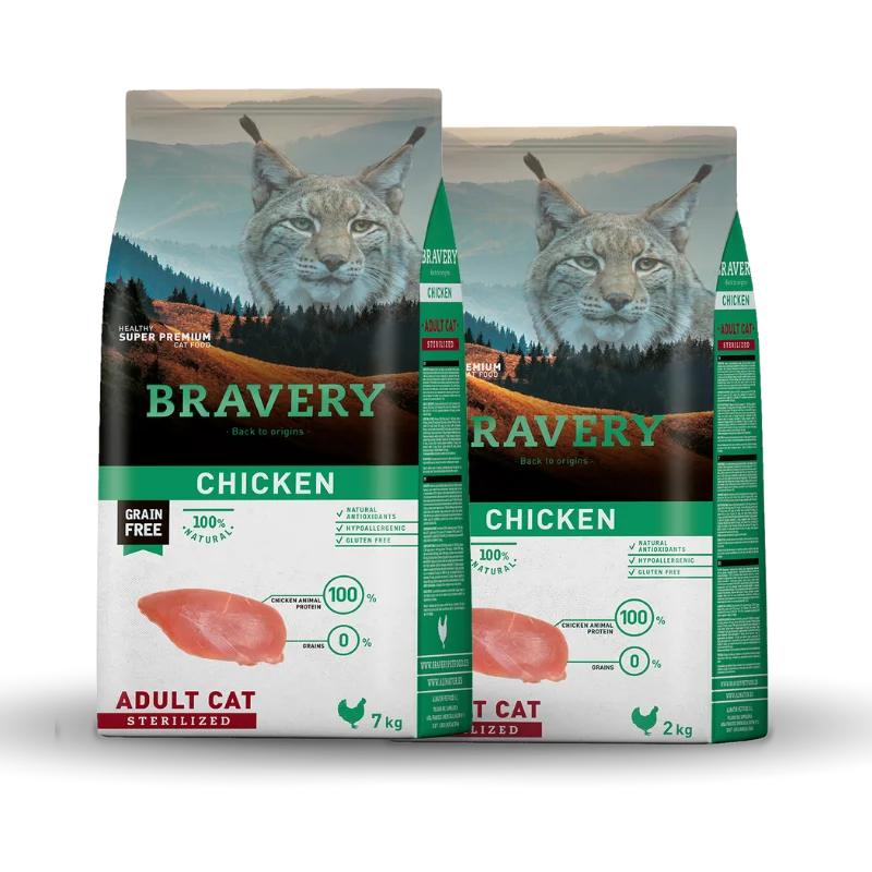 <strong>Bravery</strong> Chicken Adult Cat Sterilized, Alimento Seco para Gatos Adultos Esterilizados, Pollo, bolsa de 2 y 7 kg