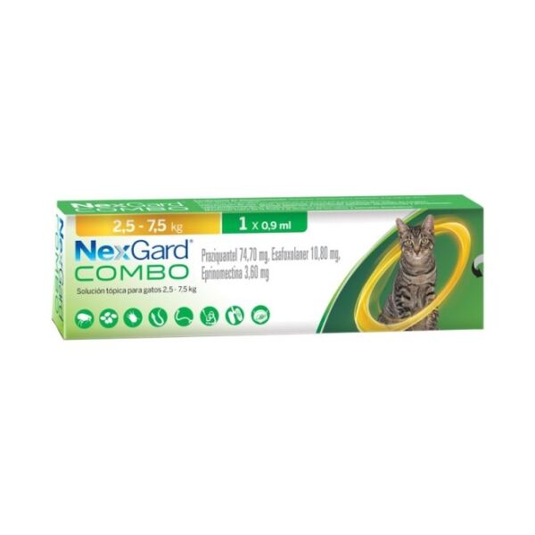 <strong>Nexgard COMBO</strong> Solución Tópica, Antiparasitario Interno y Externo para Gatos, 2.5 kg-7.5 kg, 1 pipeta de 0.9 ml (dosis mensual)
