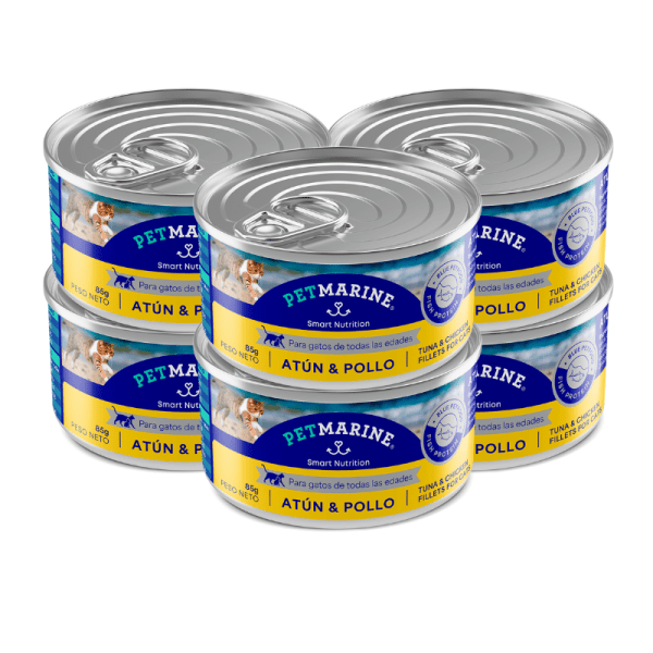 <strong>Pet Marine</strong> Alimento Húmedo para Gatos, Pollo Atún, 85 gr, 6 unidades, en lata