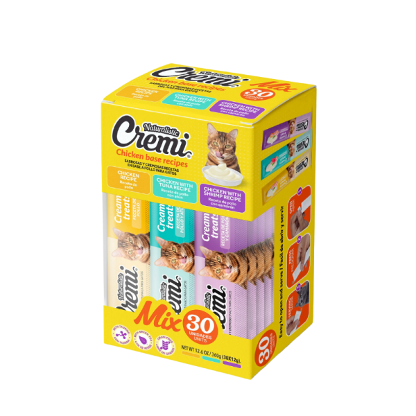 <strong>Naturalistic</strong> Cremi Mix, Snack Húmedo para Gatos, Pack Variedades de Pollo, Atún Camarón Pollo, 30 unidades, en caja