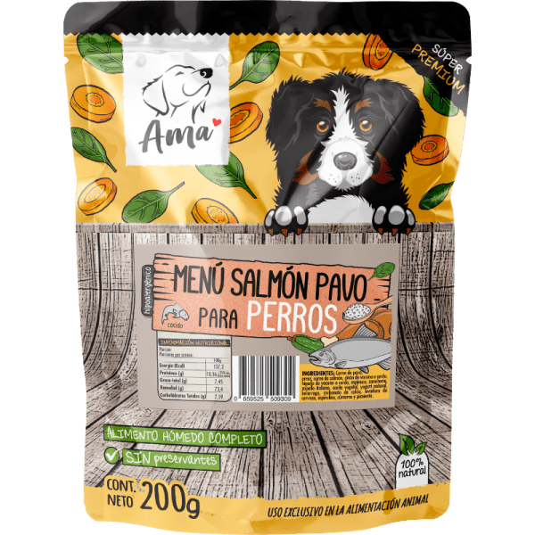 <strong>Ama</strong> Menú Salmón Pavo, Alimento Húmedo Completo Para Perros, sachet de 200 Gr