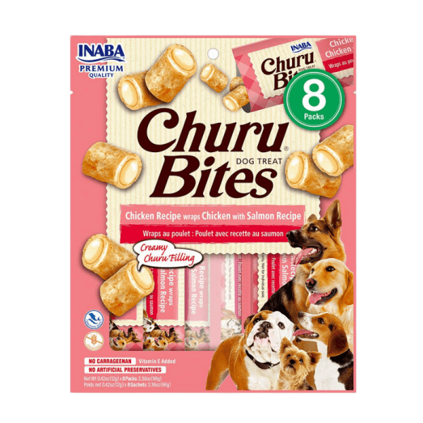 <strong>Inaba</strong> Churu Bites Dog, Snack Humedo para Perros, Sabor Pollo Con Salmón en Wraps de Pollo, 8 tubos, bolsa de 96 gr