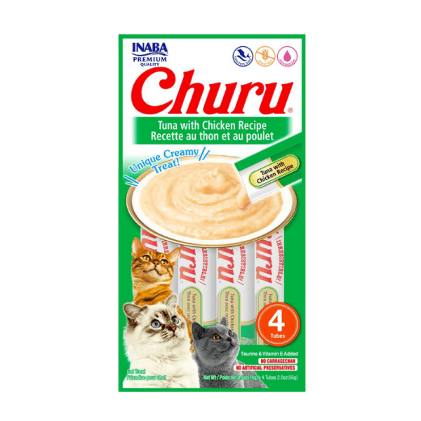 <strong>Inaba</strong> Churu Cat, Snack Húmedo para Gatos, Sabor Atún con Pollo, 4 tubos exprimibles, bolsa de 56 gr