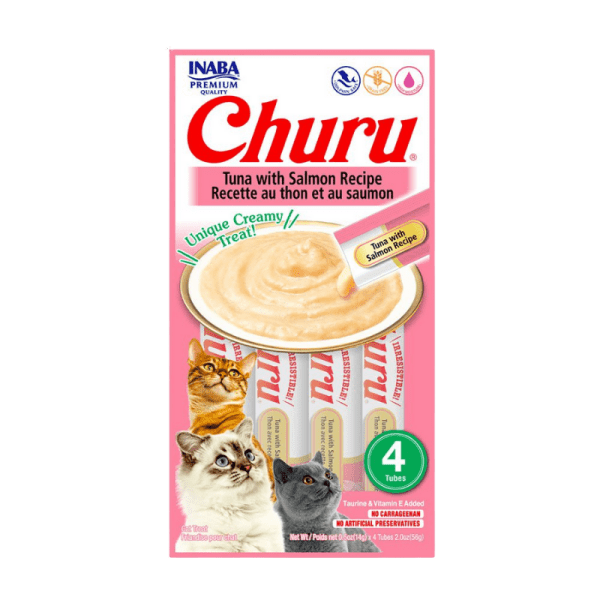 <strong>Inaba</strong> Churu Cat, Snack Húmedo para Gatos, Sabor Atún con Salmón, 4 tubos exprimibles, bolsa de 56 gr