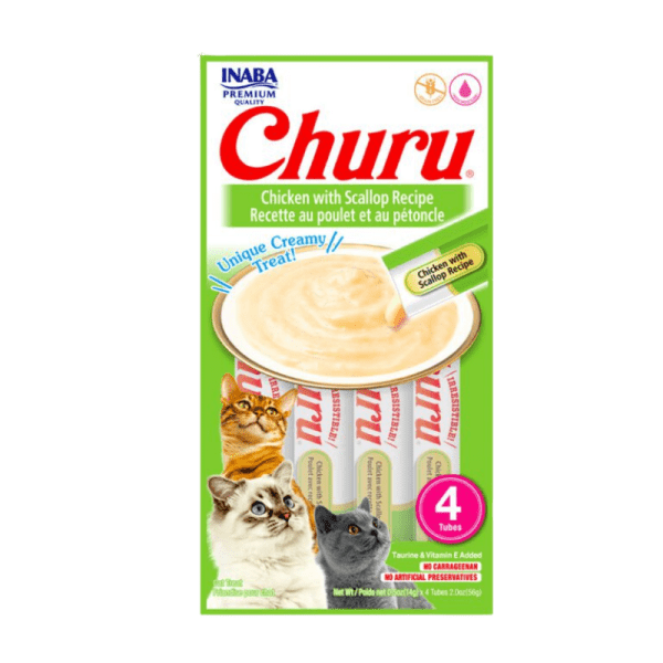 <strong>Inaba</strong> Churu Cat, Snack Húmedo para Gatos, Sabor Pollo con Ostión, 4 tubos exprimibles, bolsa de 56 gr