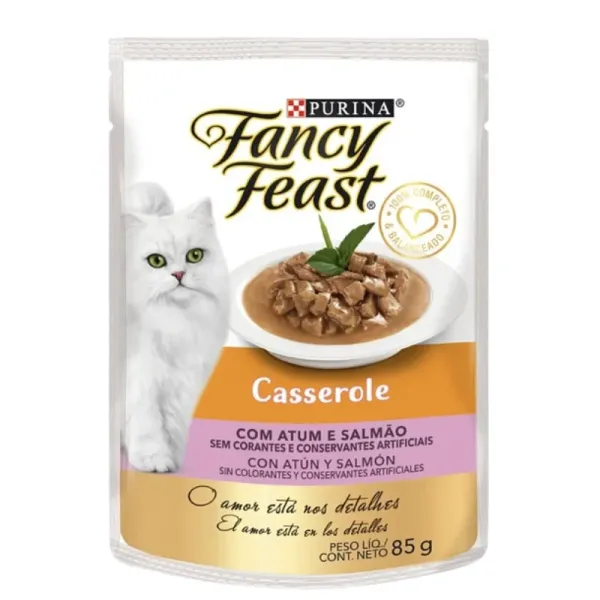 <strong>Fancy Feast</strong> Casserole Atún Salmon, Alimento Húmedo para Gatos, Trozos en Salsa, pouch de 85 gr