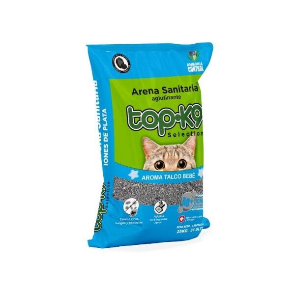 <strong>Top-K9</strong> Iones de Plata, Arena Sanitaria Aglutinante para Gatos, Aroma Talco de Bebé, Bolsa de 25 kg