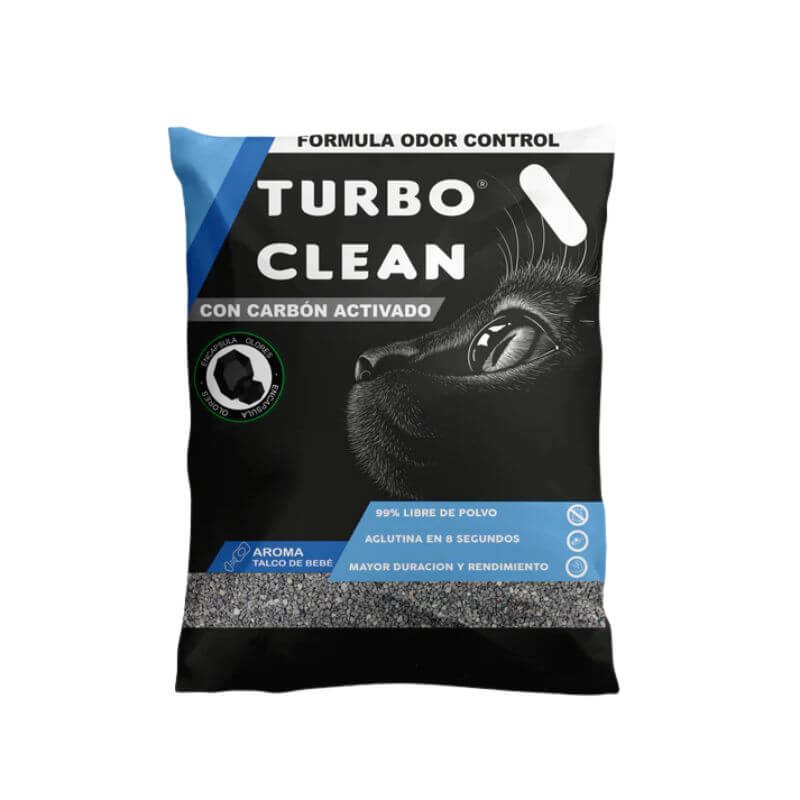 <strong>Turbo Clean</strong> Arena Sanitaria Aglutinante para Gatos, Aroma Talco de Bebe, con Carbón Activado, Bolsa de 2 kg