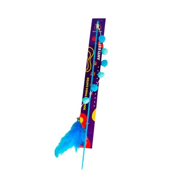 <strong>Wonder Cat</strong> Varilla con Pompom y Pluma, Juguete para Gatos, Color Celeste