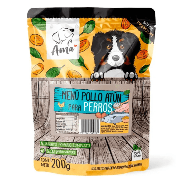 <strong>Ama</strong> Menú Pollo Atún, Alimento Húmedo Completo para Perros, sachet de 200 gr