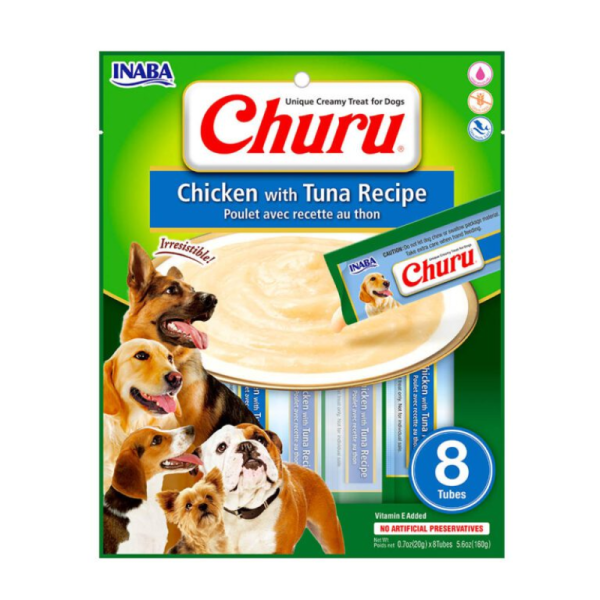 <strong>Inaba</strong> Churu Dog, Snack Húmedo para Perros, Pollo con Atún, 8 tubos exprimibles, bolsa de 160 gr