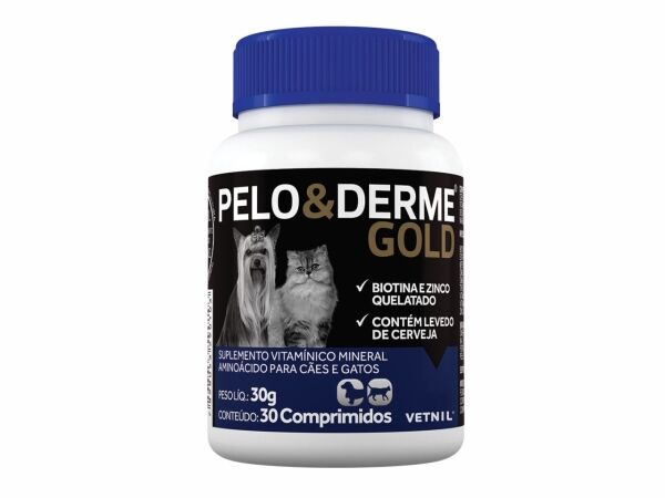 <strong>Pelo & Derme</strong> Gold, Suplemento para Piel y Pelaje en Perros y Gatos, 30 comprimidos