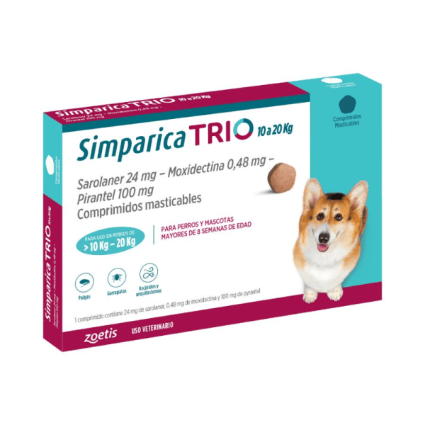 <strong>Simparica TRIO</strong> Antiparasitario Externo para Perros, 10-20kg, 1-3 comprimidos masticables (dosis mensuales)