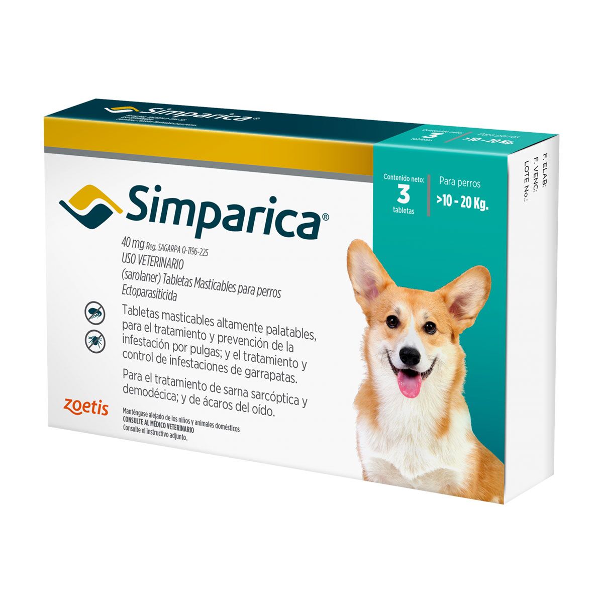 <strong>Simparica</strong> Antiparasitario Externo para Perros, 10-20 kg, 1-3 comprimidos masticables (dosis mensuales) - Imagen 2