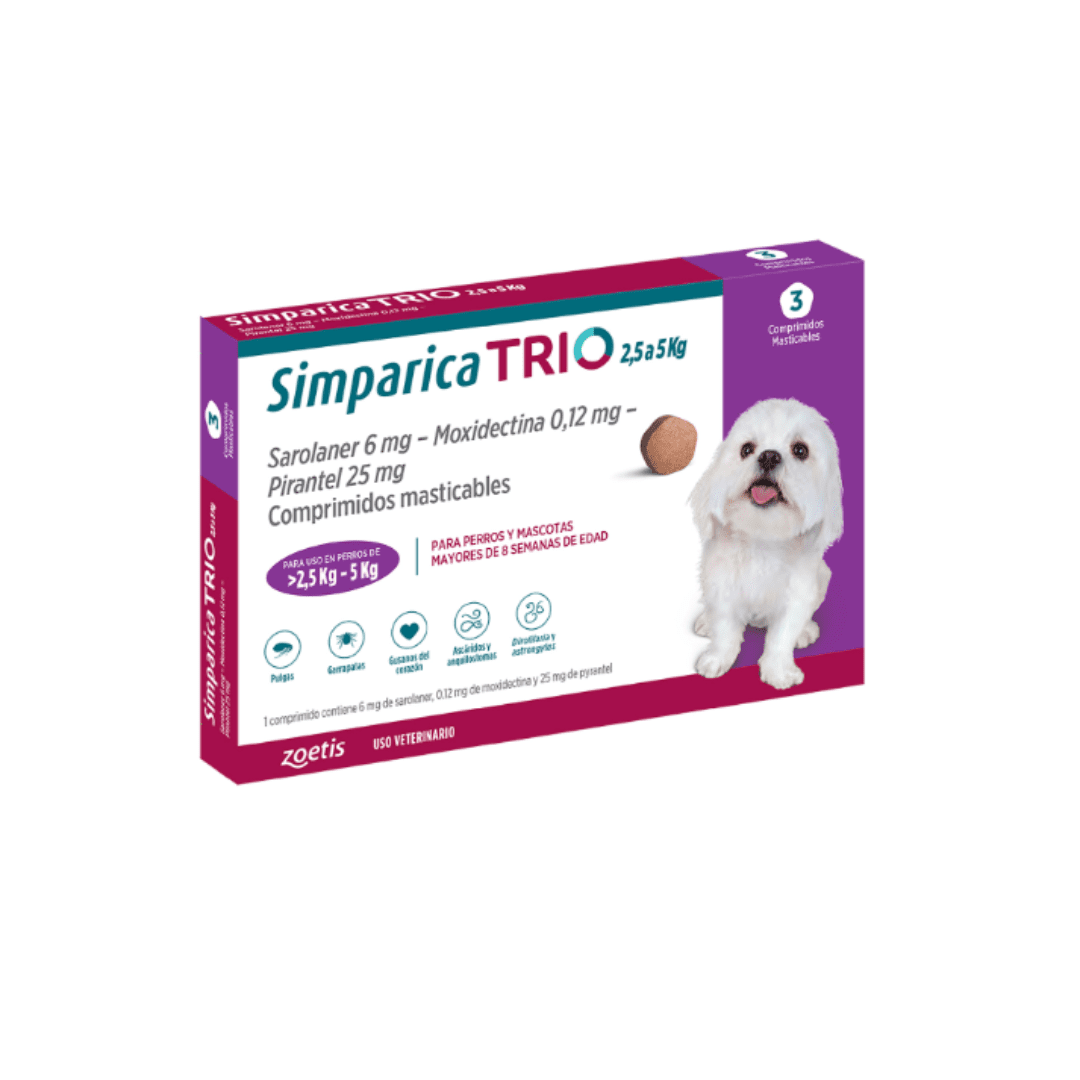 <strong>Simparica TRIO</strong> Antiparasitario Externo para Perros, 2.5-5kg, 1-3 comprimidos masticables (dosis mensuales)