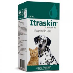 <strong>Itraskin</strong> Suspensión Oral, Tratamiento Antifúngico para Dermatitis en Perros y Dermatofitosis en Gatos, frasco de 120 ml