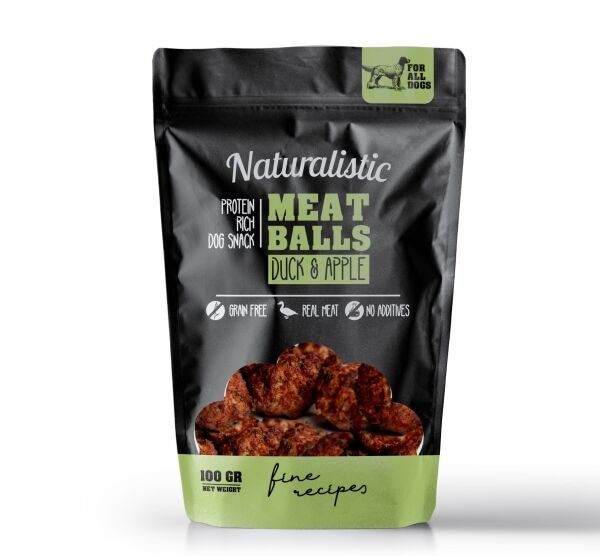 <strong>Naturalistic</strong> Meatballs Duck and Apple, Snack para Perros, Albóndigas de Pato con Manzana, bolsa de 100 gr