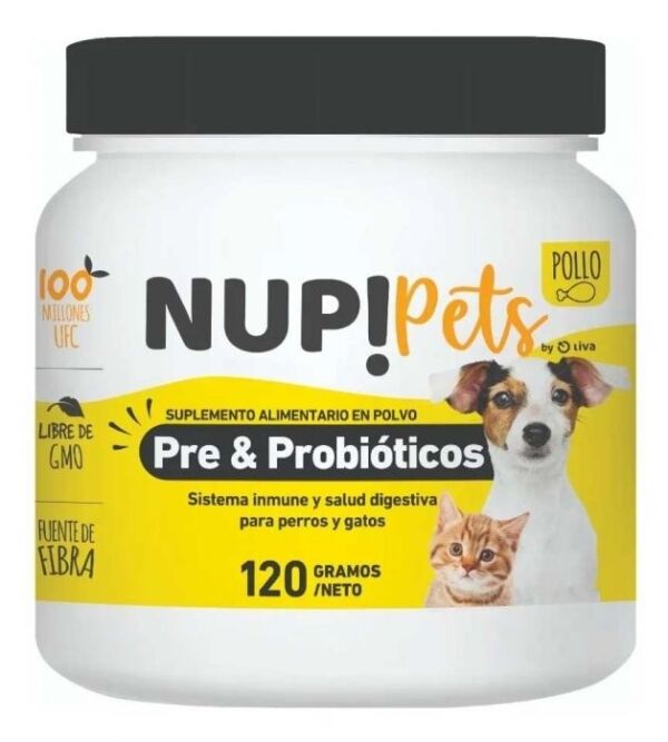 <strong>NUP! Pets</strong> Pre & Probioticos Suplemento Alimenticio, Sistema Inmune y Salud Digestiva para Perros y Gatos, sabor a Pollo, pote de 120 gr