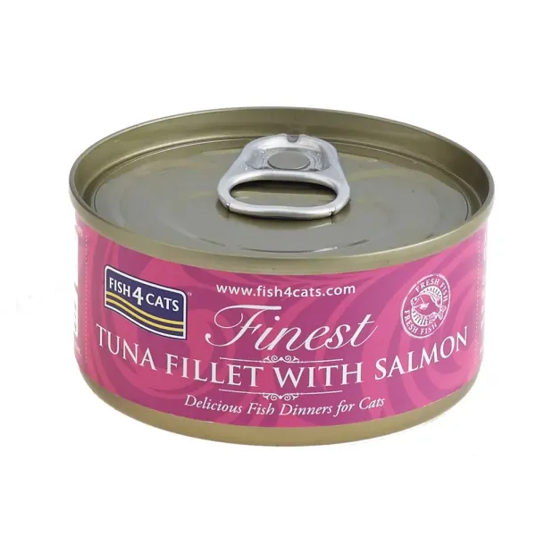<strong>Fish 4 Cats</strong> Finest, Alimento Húmedo para Gatos, Filete de Atún con Salmón, 70 gr, en lata