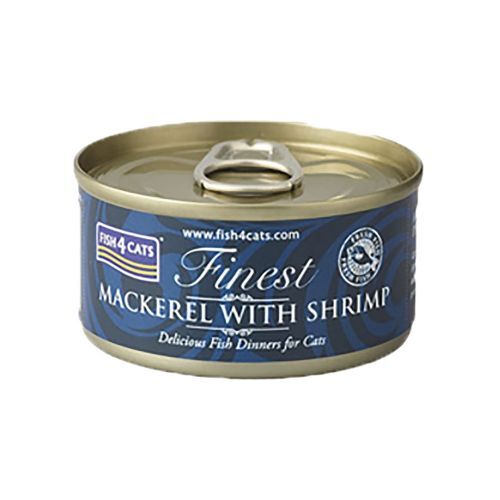 <strong>Fish 4 Cats</strong> Finest Mackerel with Shrimp, Alimento Húmedo para Gatos, Verdel con Camarón, lata de 70 gr
